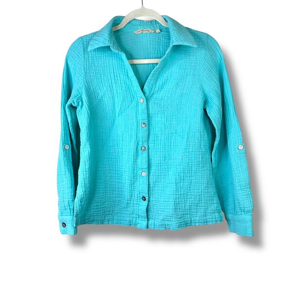 Soft Surroundings Tibetan Blue Teal Addison Gauze Big Shirt Button Down Top XS - Picture 1 of 6
